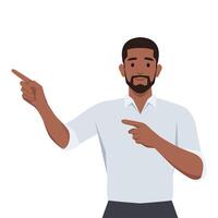 Young black man looking at camera and pointing with two hands and fingers. vector
