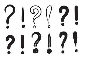 Image of exclamation mark icon and question mark icon in doodle style on white background. vector