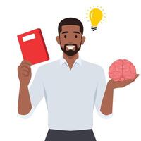 Young man holding brain while studying for school. Idea thinking. vector