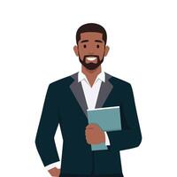 Standing businessman hold book. Manager with hand in pocket. vector
