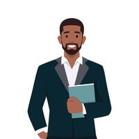 Standing businessman hold book. Manager with hand in pocket. vector