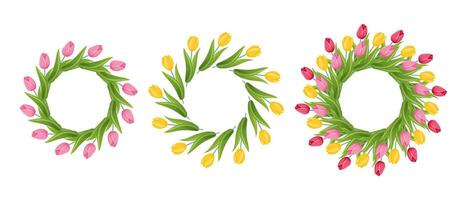 Set of floral wreaths with tulips. Spring flower wreath. vector