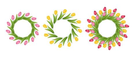 Set of floral wreaths with tulips. Spring flower wreath. vector
