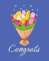 Congratulations card with colorful tulips and hearts on blue background. Card with tulips. vector