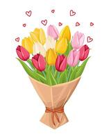 Bouquet of colorful tulips with hearts. vector