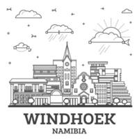 contorno Windhoek Namibia ciudad horizonte con moderno y histórico edificios aislado en blanco. Windhoek paisaje urbano con puntos de referencia vector