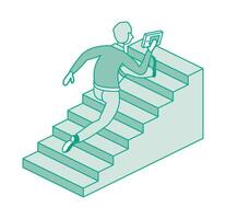 Man run up set of stairs. He is holding book in hand. Isometric concept of success, urgency and determination. Businessman climbing stairs of success. Outline concept. vector
