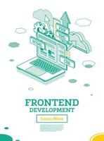 Frontend Development. Isometric Concept with Laptop Isolated on White. Creating a Site Layout Using Programming Languages. HTML, CSS, PHP and XML Programming Code. vector