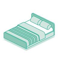 Isometric bed with blanket and two pillows. Outline object isolated on white background. vector