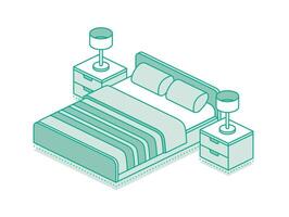 Isometric bed with blanket, pillows and two nightstands with lamps. Outline objects isolated on white background. vector