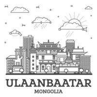 contorno Ulaanbaatar Mongolia ciudad horizonte con moderno y histórico edificios aislado en blanco. Ulaanbaatar paisaje urbano con puntos de referencia vector