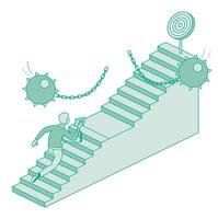 hombre correr arriba conjunto de escaleras. superar negocio obstáculos barrera en camino a éxito. isométrica concepto de éxito, urgencia y determinación. empresario alpinismo escalera de éxito. vector