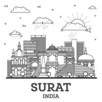 contorno surat India ciudad horizonte con moderno y histórico edificios aislado en blanco. surat paisaje urbano con puntos de referencia vector