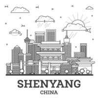 contorno shenyang China ciudad horizonte con moderno y histórico edificios aislado en blanco. shenyang paisaje urbano con puntos de referencia vector