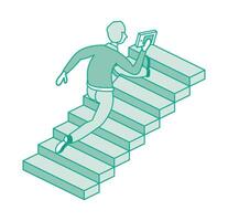 hombre correr arriba conjunto de escaleras. él es participación libro en mano. isométrica concepto de éxito, urgencia y determinación. empresario alpinismo escalera de éxito. contorno concepto. vector