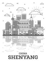 Outline Shenyang China City Skyline with Reflections, Modern and Historic Buildings Isolated on White. Shenyang Cityscape with Landmarks. vector