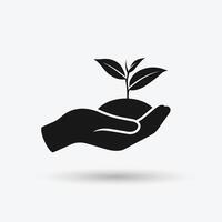 Hand holding seedlings with leaves or palm with sprout, ecology icon in black vector