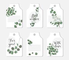 wedding gift tag set with eucalyptus leaves flat style vector