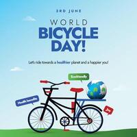 mundo bicicleta día 3ro junio celebracion bandera. mundo bicicleta día bandera, tarjeta, enviar concepto con bicicleta y tierra globo en sus espalda asiento. esta día promover el salud, económico beneficios de ciclismo. vector