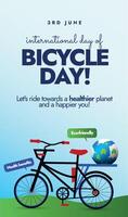 mundo bicicleta día social medios de comunicación historia bandera con ciclo y tierra globo vector