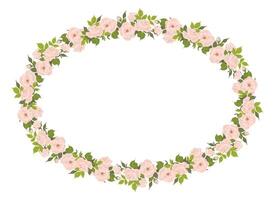 Romantic floral oval frame, elegant pastel pink flowers, buds and green leaves. A wreath of summer flowers for a wedding invitation in Provence style. flat illustration. vector