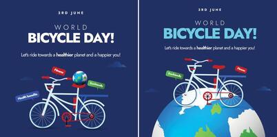 mundo bicicleta día 3ro junio celebracion pancartas mundo bicicleta día bandera con bicicleta y tierra globo en sus espalda asiento. esta día promover el salud, económico beneficios de ciclismo. vector