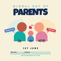 Global day of parents. 1st June Parents day celebration banner with family icons Father, mother, son. The day spread awareness and importance of parenthood and their central role in child development vector
