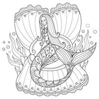 Mermaid and shellfish hand drawn for adult coloring book vector