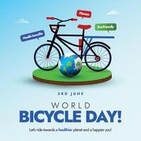 World Bicycle day. 3rd June World Bicycle day celebration banner with a bicycle, earth globe and speech bubbles of cycling benefits around them. The day raise awareness, importance of cycling. vector