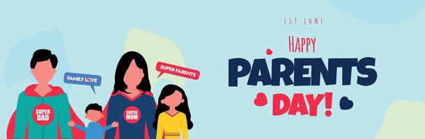 Global day of parents. 1st June Happy parents day celebration cover banner, post, card with family of four, father and mother wearing super hero costumes. Parents as super heroes for their children. vector