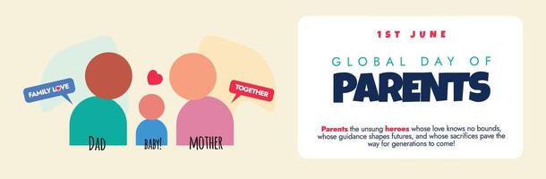 Global day of parents. 1st June Parents day celebration cover banner with family icons Father, mother, son. The day spread awareness, importance of parenthood, their central role in child development vector