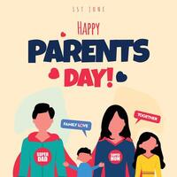 Global day of parents. 1st June Happy parents day celebration banner with family of four, father and mother wearing super hero costumes. Parents are super heroes for their child. Family love concept. vector