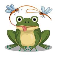 Cute cartoon frog set, animation frames. Adorable little froggy smiling, jumping, croaking, waving and catching fly with tongue. Simple flat style illustration. vector