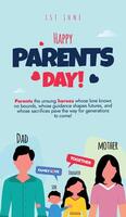 Happy Parents day. 1st June Global Parents day celebration vertical banner, social media post, card template design with a family of four. Parents day appreciation banner, background. vector