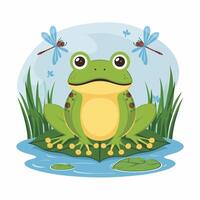 Cute cartoon frog set, animation frames. Adorable little froggy smiling, jumping, croaking, waving and catching fly with tongue. Simple flat style illustration. vector