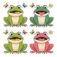 Cute cartoon frog set, animation frames. Adorable little froggy smiling, jumping, croaking, waving and catching fly with tongue. Simple flat style illustration. vector