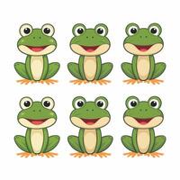 Cute cartoon frog set, animation frames. Adorable little froggy smiling, jumping, croaking, waving and catching fly with tongue. Simple flat style illustration. vector