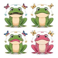 Cute cartoon frog set, animation frames. Adorable little froggy smiling, jumping, croaking, waving and catching fly with tongue. Simple flat style illustration. vector