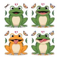 Cute cartoon frog set, animation frames. Adorable little froggy smiling, jumping, croaking, waving and catching fly with tongue. Simple flat style illustration. vector