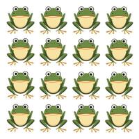 Cute cartoon frog set, animation frames. Adorable little froggy smiling, jumping, croaking, waving and catching fly with tongue. Simple flat style illustration. vector