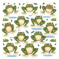 Cute cartoon frog set, animation frames. Adorable little froggy smiling, jumping, croaking, waving and catching fly with tongue. Simple flat style illustration. vector