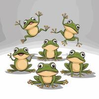 Cute cartoon frog set, animation frames. Adorable little froggy smiling, jumping, croaking, waving and catching fly with tongue. Simple flat style illustration. vector