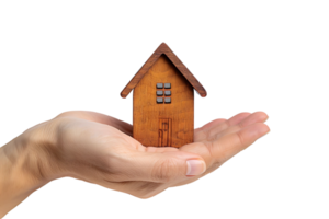 Hand holding a small simple house on isolated transparent background png