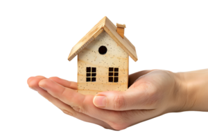 Hand holding a small simple house on isolated transparent background png