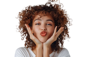 photo du visage de fille avec frisé coiffure portant T-shirt envoyer air baiser fait la moue lèvres sur isolé transparent Contexte png