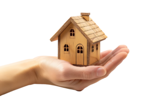 Hand holding a small simple house on isolated transparent background png