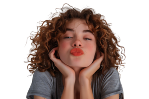 Headshot of girl with curly hairstyle wearing t-shirt send air kiss pouted lips on isolated transparent background png