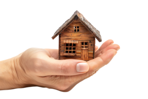 Hand holding a small simple house on isolated transparent background png