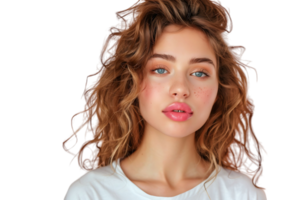 Kopfschuss von Mädchen mit lockig Frisur tragen T-Shirt senden Luft Kuss schmollend Lippen auf isoliert transparent Hintergrund png