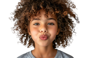 Headshot of girl with curly hairstyle wearing t-shirt send air kiss pouted lips on isolated transparent background png